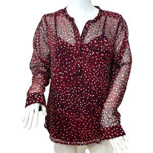 Liz Claiborne Vintage Sheer Blouse & Camisole Set M Maroon Polka Dot Long Sleeve